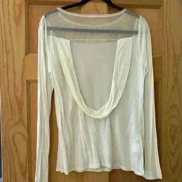 BCBGMaxazria white long sleeve top with sheer neckline and draped back - Picture 2 of 3